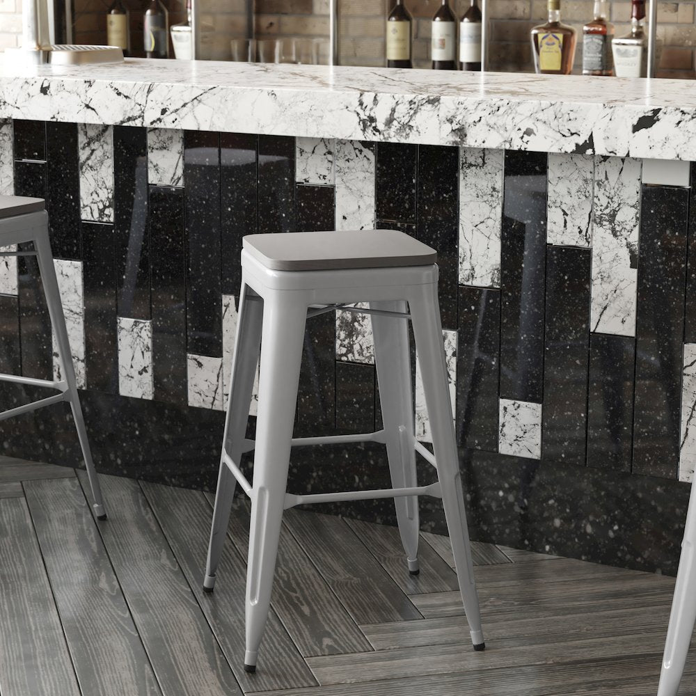 30" High Silver Metal Indoor-Outdoor Barstool with Gray Poly Resin Wood Seat