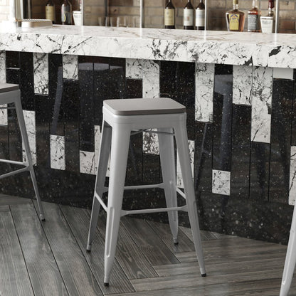 30" High Silver Metal Indoor-Outdoor Barstool with Gray Poly Resin Wood Seat