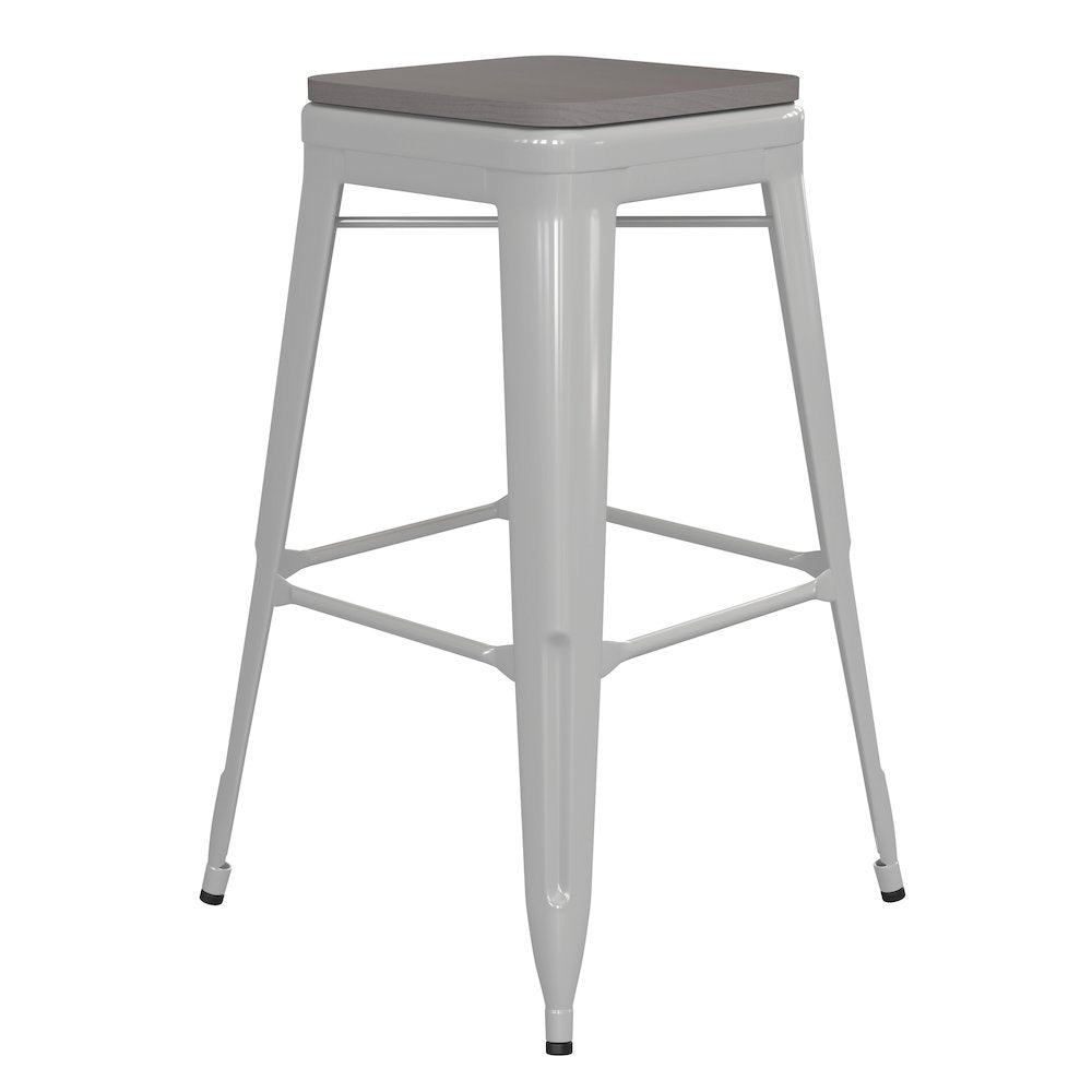 30" High White Metal Indoor-Outdoor Barstool with Gray Poly Resin Wood Seat