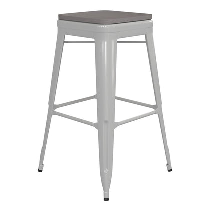 30" High White Metal Indoor-Outdoor Barstool with Gray Poly Resin Wood Seat
