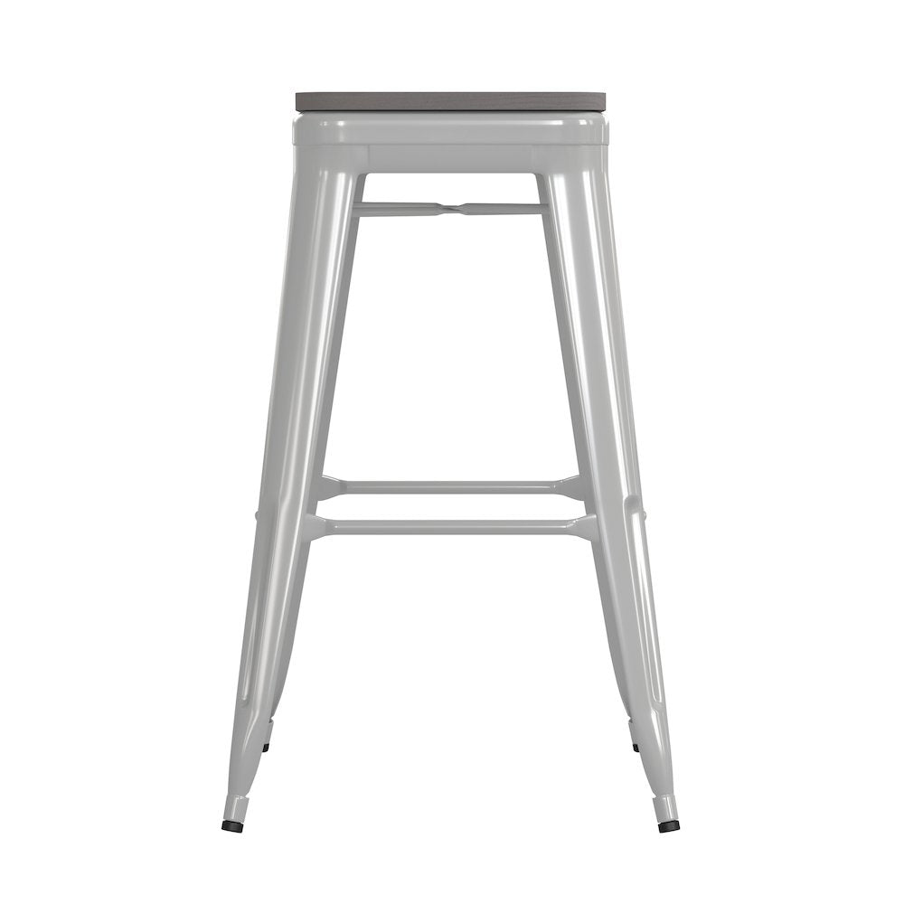 30" High White Metal Indoor-Outdoor Barstool with Gray Poly Resin Wood Seat