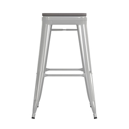 30" High White Metal Indoor-Outdoor Barstool with Gray Poly Resin Wood Seat