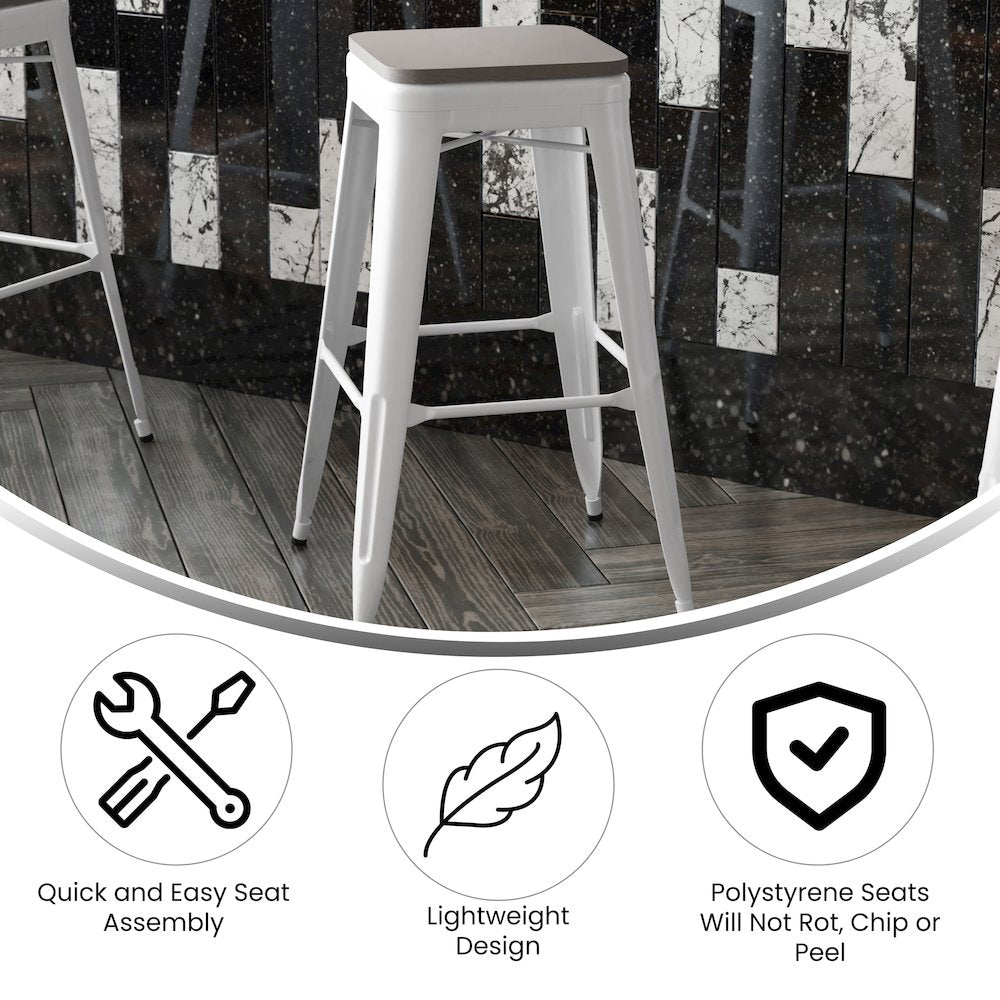 30" High White Metal Indoor-Outdoor Barstool with Gray Poly Resin Wood Seat