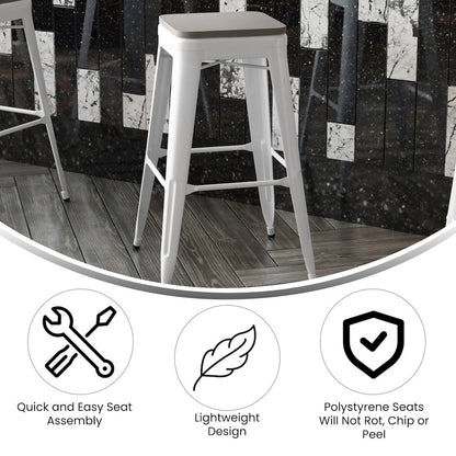 30" High White Metal Indoor-Outdoor Barstool with Gray Poly Resin Wood Seat