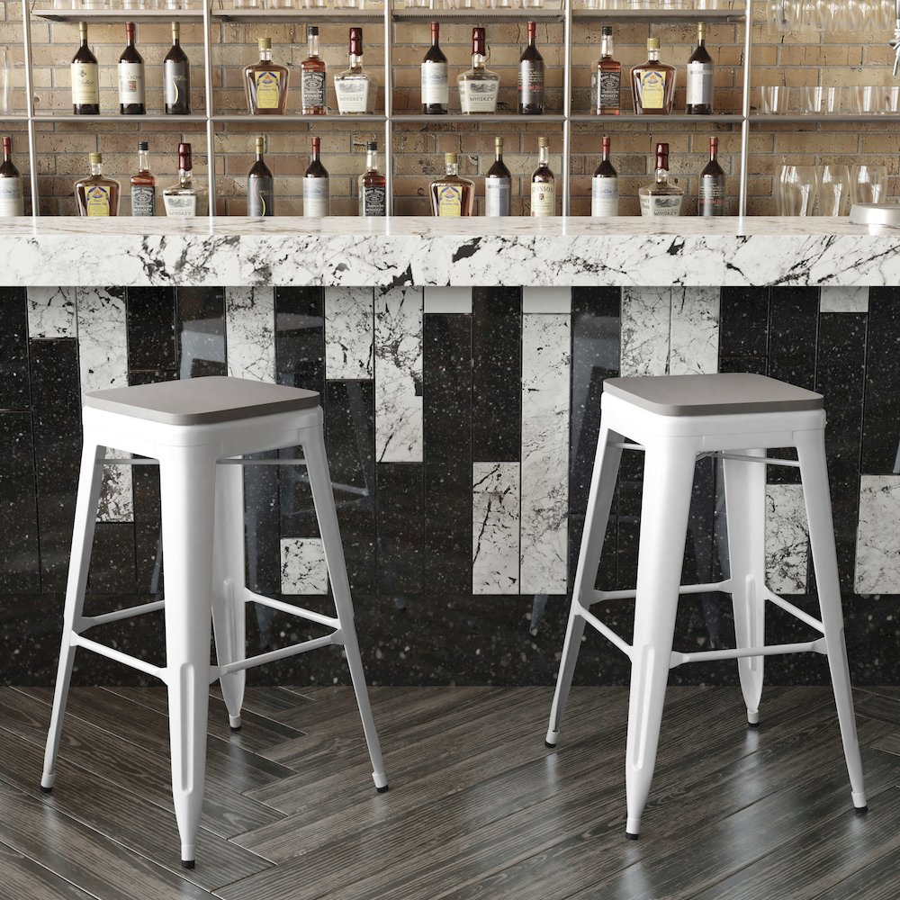 30" High White Metal Indoor-Outdoor Barstool with Gray Poly Resin Wood Seat