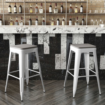 30" High White Metal Indoor-Outdoor Barstool with Gray Poly Resin Wood Seat