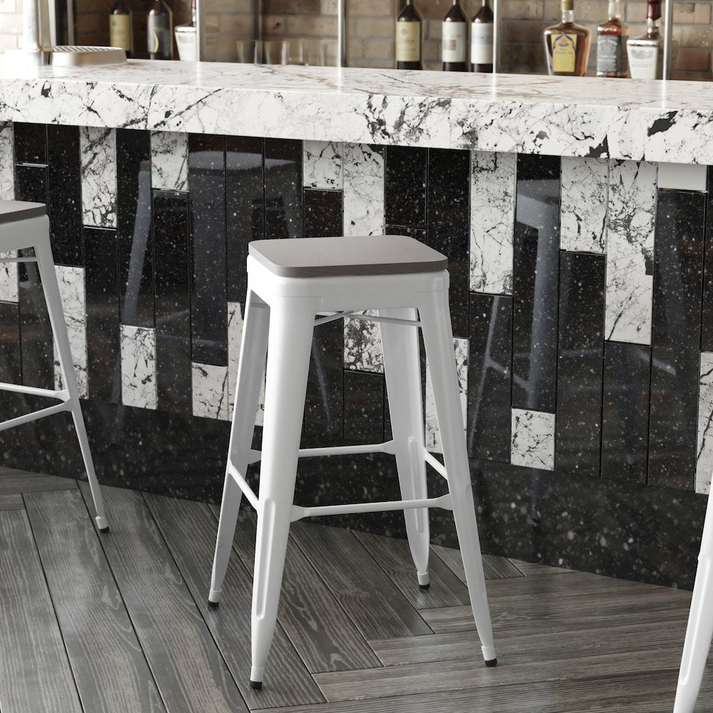 30" High White Metal Indoor-Outdoor Barstool with Gray Poly Resin Wood Seat