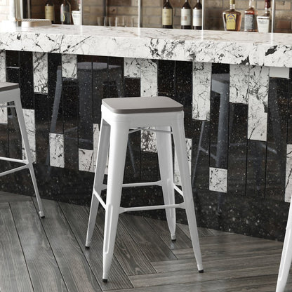 30" High White Metal Indoor-Outdoor Barstool with Gray Poly Resin Wood Seat