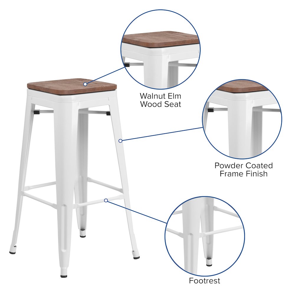 30" High Backless White Metal Barstool with Square Wood Seat