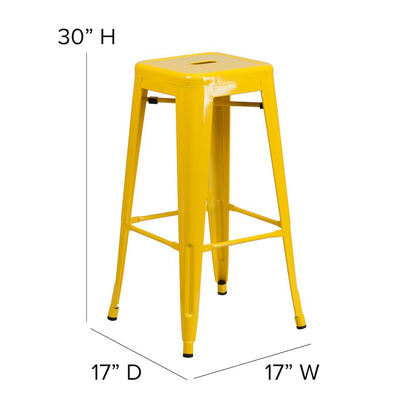 30" High Yellow Metal Indoor-Outdoor Barstool with Teak Poly Resin Wood Seat