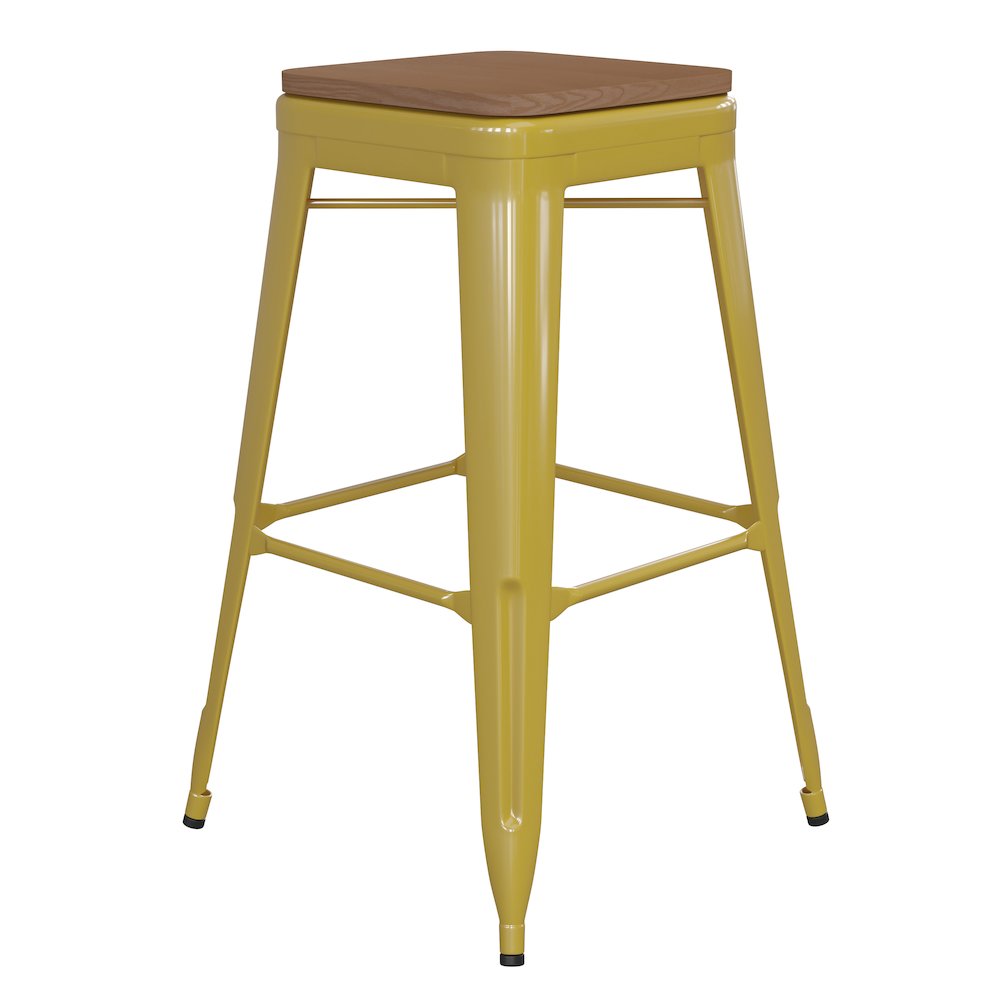 30" High Yellow Metal Indoor-Outdoor Barstool with Teak Poly Resin Wood Seat