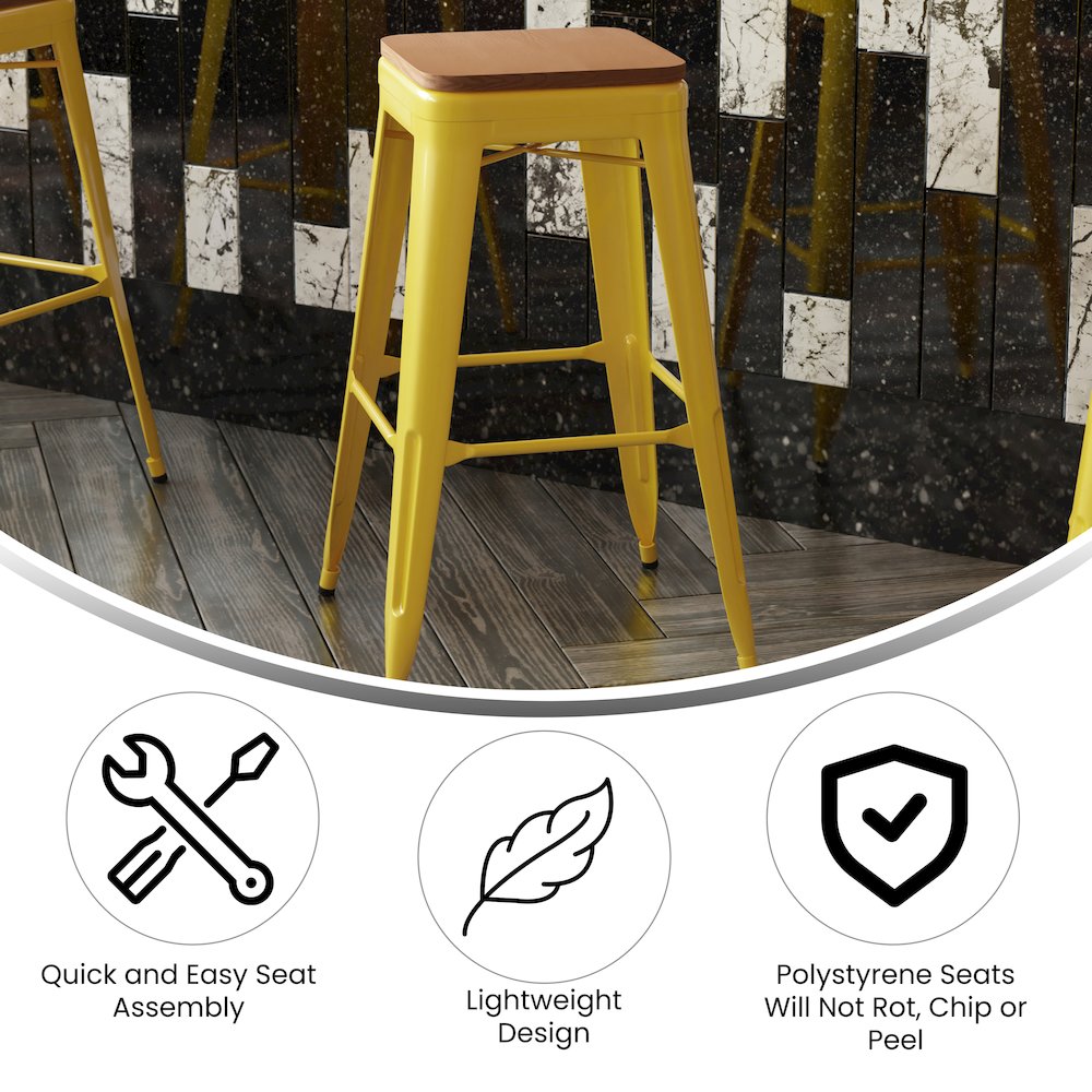 30" High Yellow Metal Indoor-Outdoor Barstool with Teak Poly Resin Wood Seat
