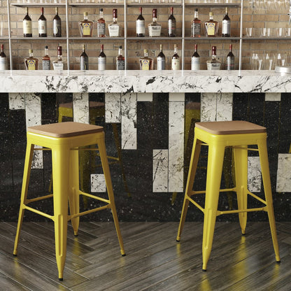 30" High Yellow Metal Indoor-Outdoor Barstool with Teak Poly Resin Wood Seat