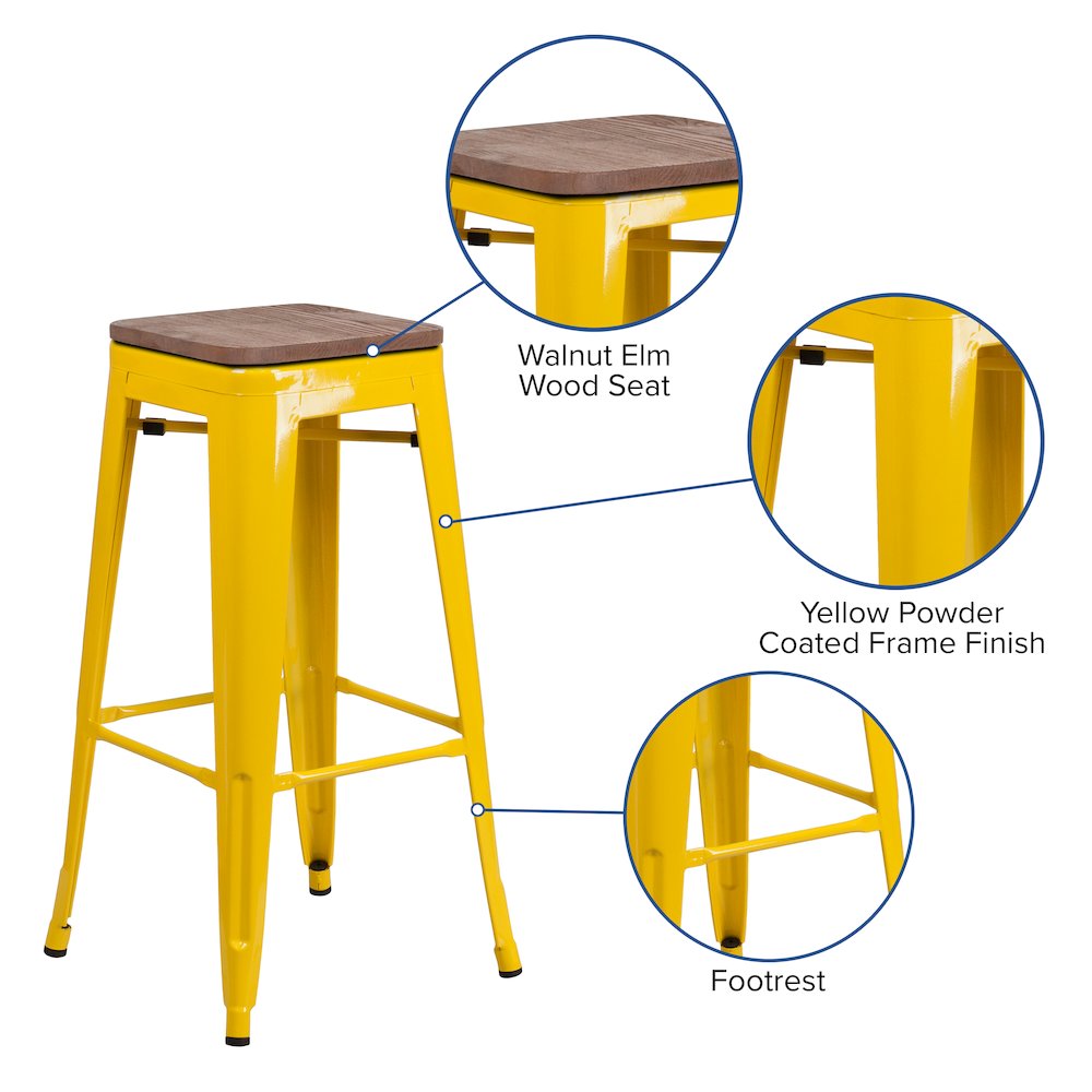 30" High Backless Yellow Metal Barstool with Square Wood Seat