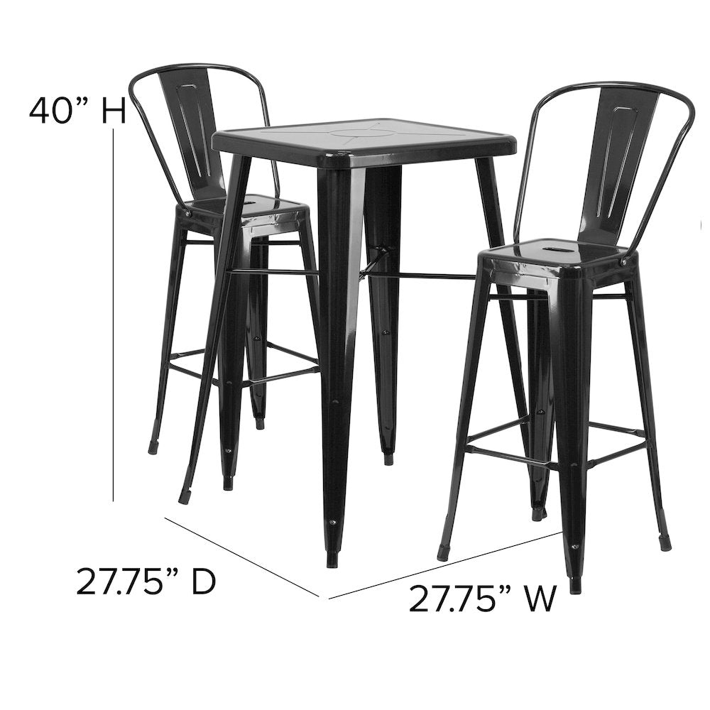 23.75" Square Black Metal Indoor-Outdoor Bar Table Set with 2 Stools with Backs