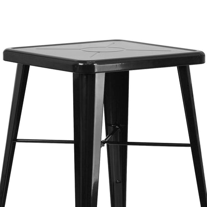 23.75" Square Black Metal Indoor-Outdoor Bar Table Set with 2 Stools with Backs
