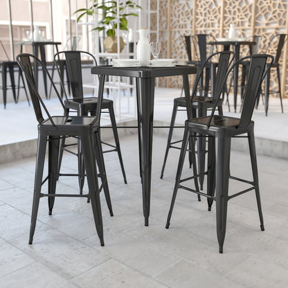 23.75" Square Black Metal Indoor-Outdoor Bar Table Set with 2 Stools with Backs