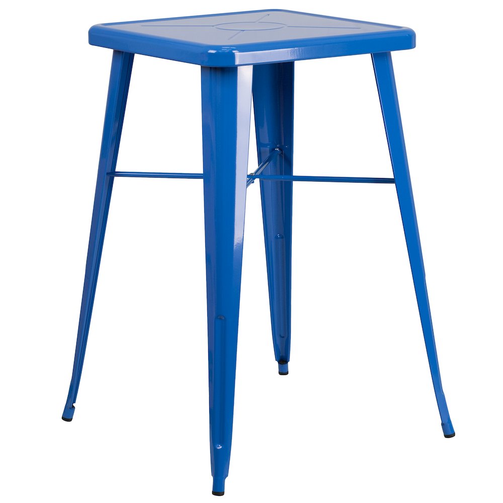 23.75" Square Blue Metal Indoor-Outdoor Bar Table Set with 2 Stools with Backs
