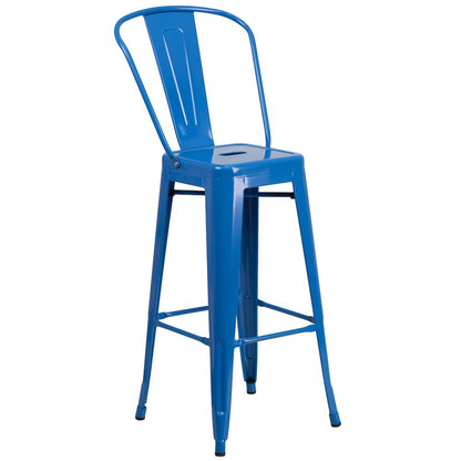 23.75" Square Blue Metal Indoor-Outdoor Bar Table Set with 2 Stools with Backs