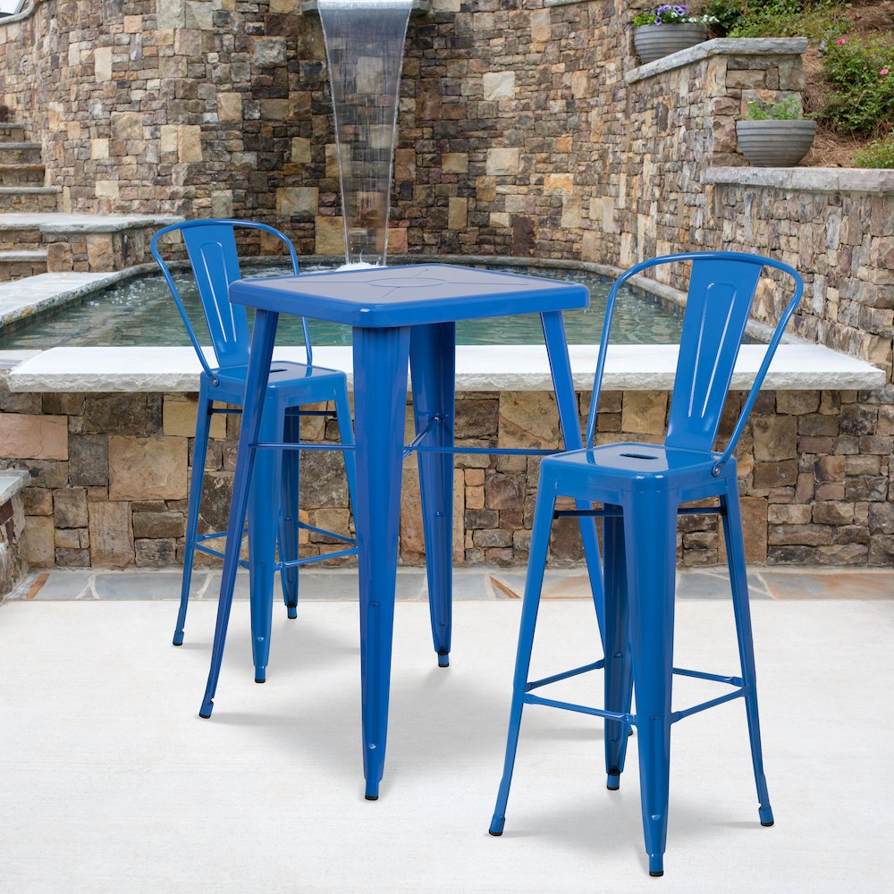 23.75" Square Blue Metal Indoor-Outdoor Bar Table Set with 2 Stools with Backs