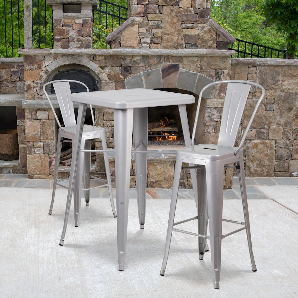23.75" Square Silver Metal Indoor-Outdoor Bar Table Set with 2 Stools with Backs