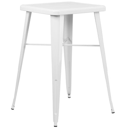 23.75" Square White Metal Indoor-Outdoor Bar Table Set with 2 Stools with Backs