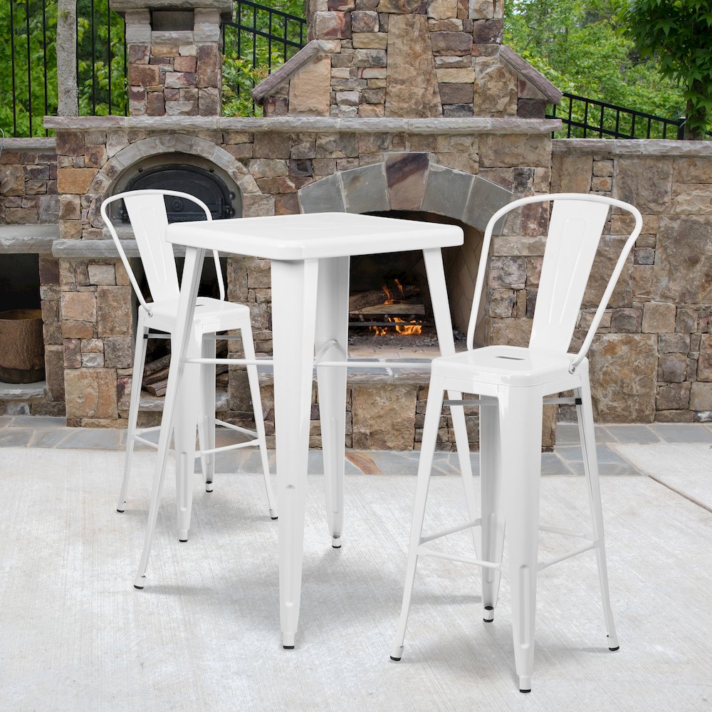 23.75" Square White Metal Indoor-Outdoor Bar Table Set with 2 Stools with Backs