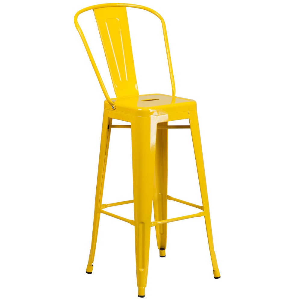 Commercial Grade 23.75" Square Yellow Metal Indoor-Outdoor Bar Table Set with 2 Stools with Backs