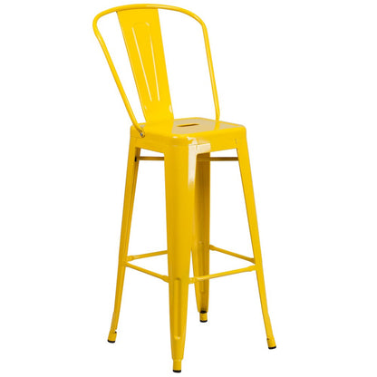 Commercial Grade 23.75" Square Yellow Metal Indoor-Outdoor Bar Table Set with 2 Stools with Backs