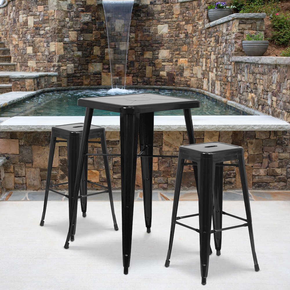 23.75" Black Metal Indoor-Outdoor Bar Table Set with 2 Seat Backless Stools