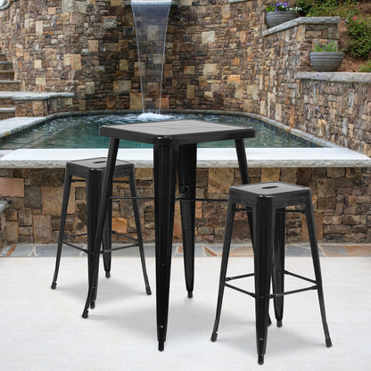23.75" Black Metal Indoor-Outdoor Bar Table Set with 2 Seat Backless Stools