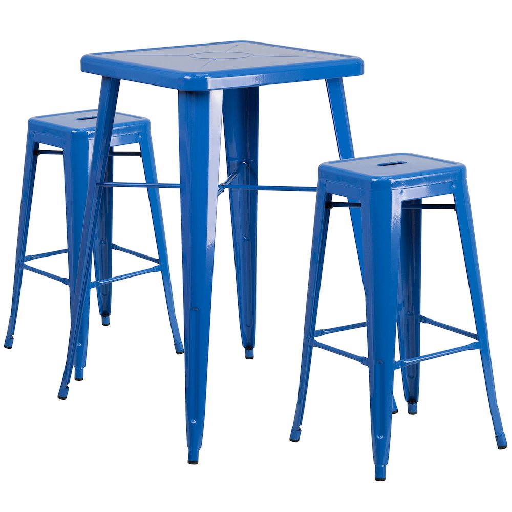 23.75" Blue Metal Indoor-Outdoor Bar Table Set with 2 Seat Backless Stools