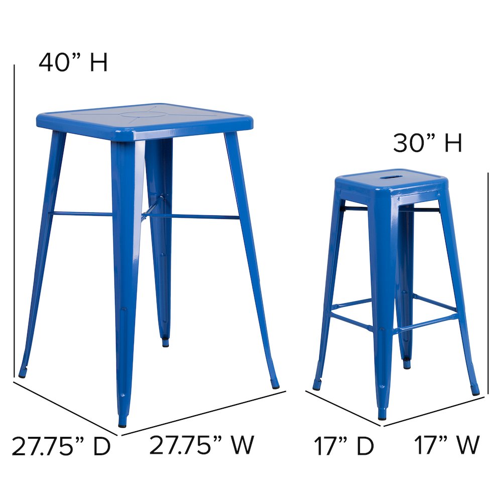 23.75" Blue Metal Indoor-Outdoor Bar Table Set with 2 Seat Backless Stools