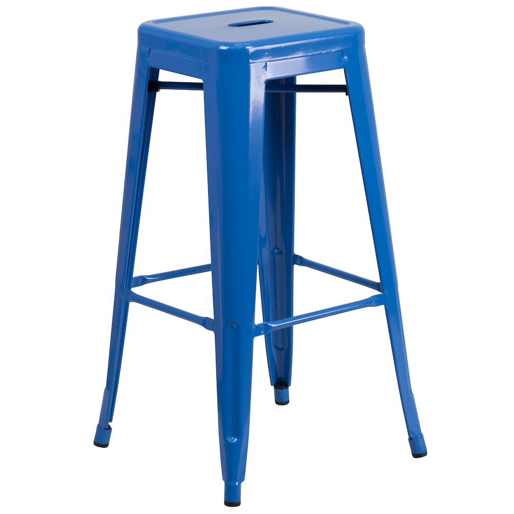 23.75" Blue Metal Indoor-Outdoor Bar Table Set with 2 Seat Backless Stools