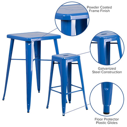23.75" Blue Metal Indoor-Outdoor Bar Table Set with 2 Seat Backless Stools