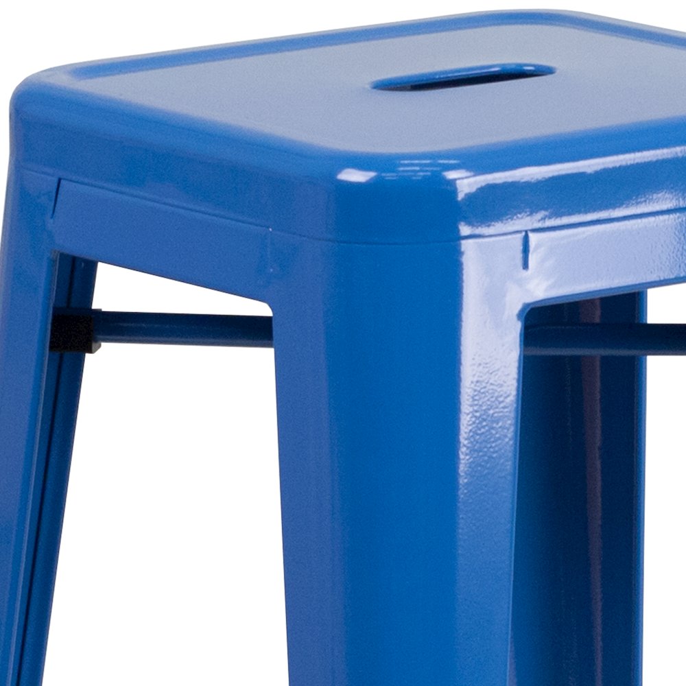 23.75" Blue Metal Indoor-Outdoor Bar Table Set with 2 Seat Backless Stools