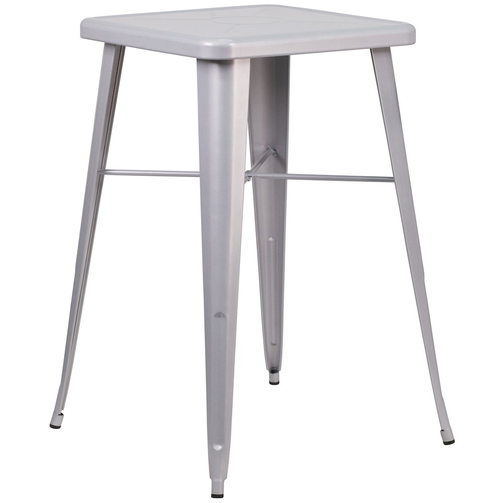 23.75" Silver Metal Indoor-Outdoor Bar Table Set with 2 Seat Backless Stools