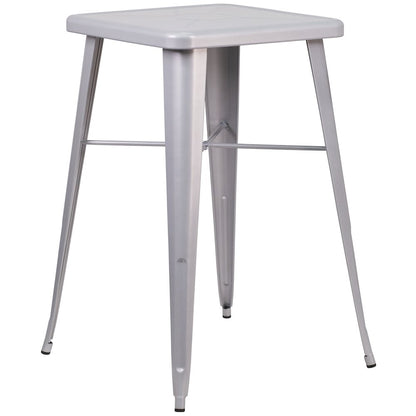 23.75" Silver Metal Indoor-Outdoor Bar Table Set with 2 Seat Backless Stools