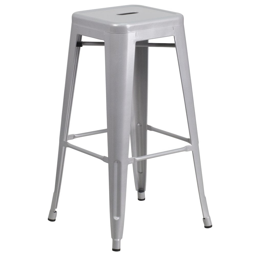 23.75" Silver Metal Indoor-Outdoor Bar Table Set with 2 Seat Backless Stools