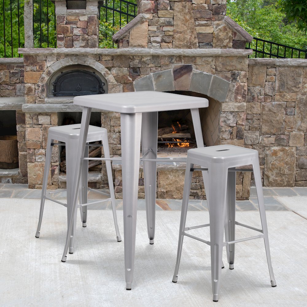 23.75" Silver Metal Indoor-Outdoor Bar Table Set with 2 Seat Backless Stools