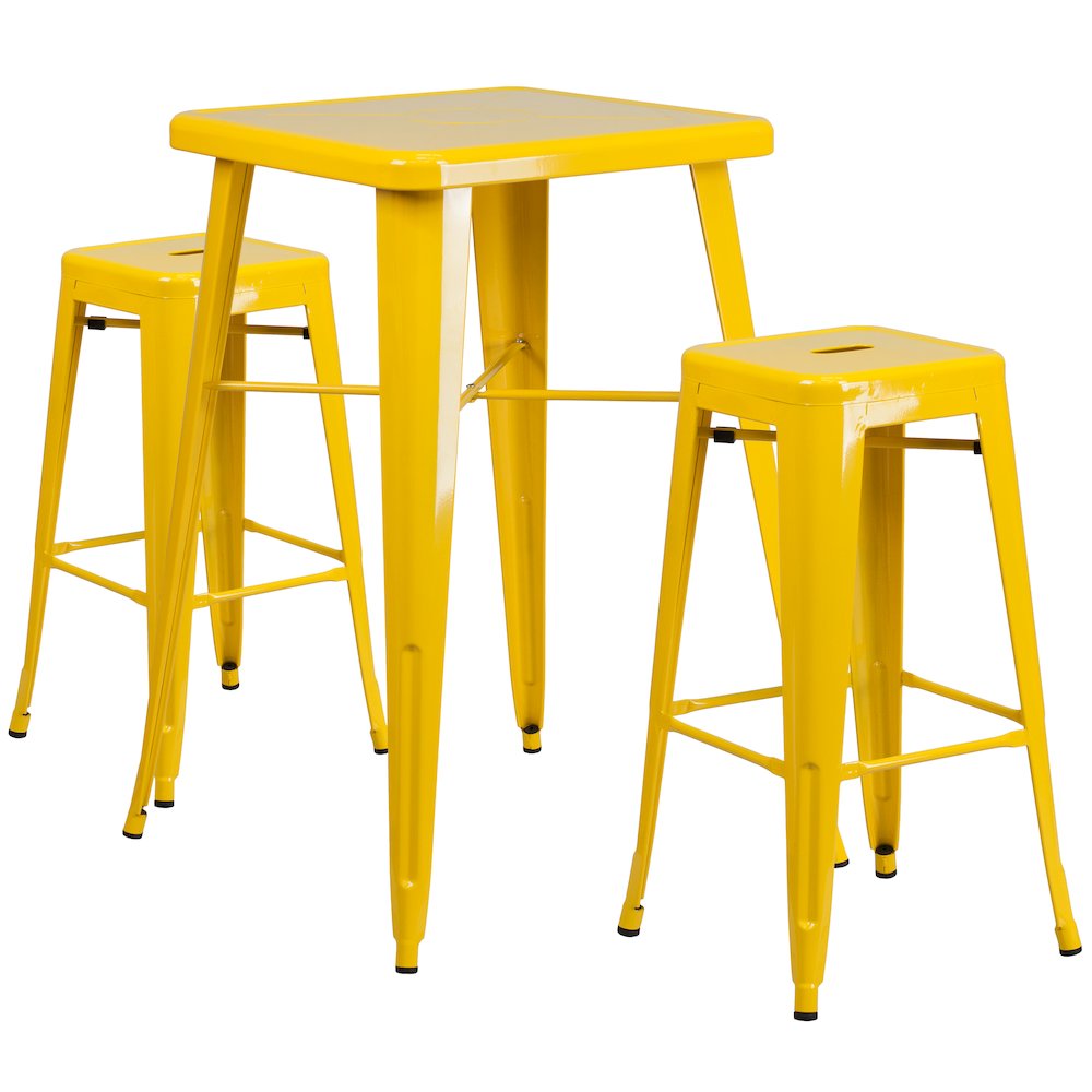 23.75" Yellow Metal Indoor-Outdoor Bar Table Set with 2 Seat Backless Stools