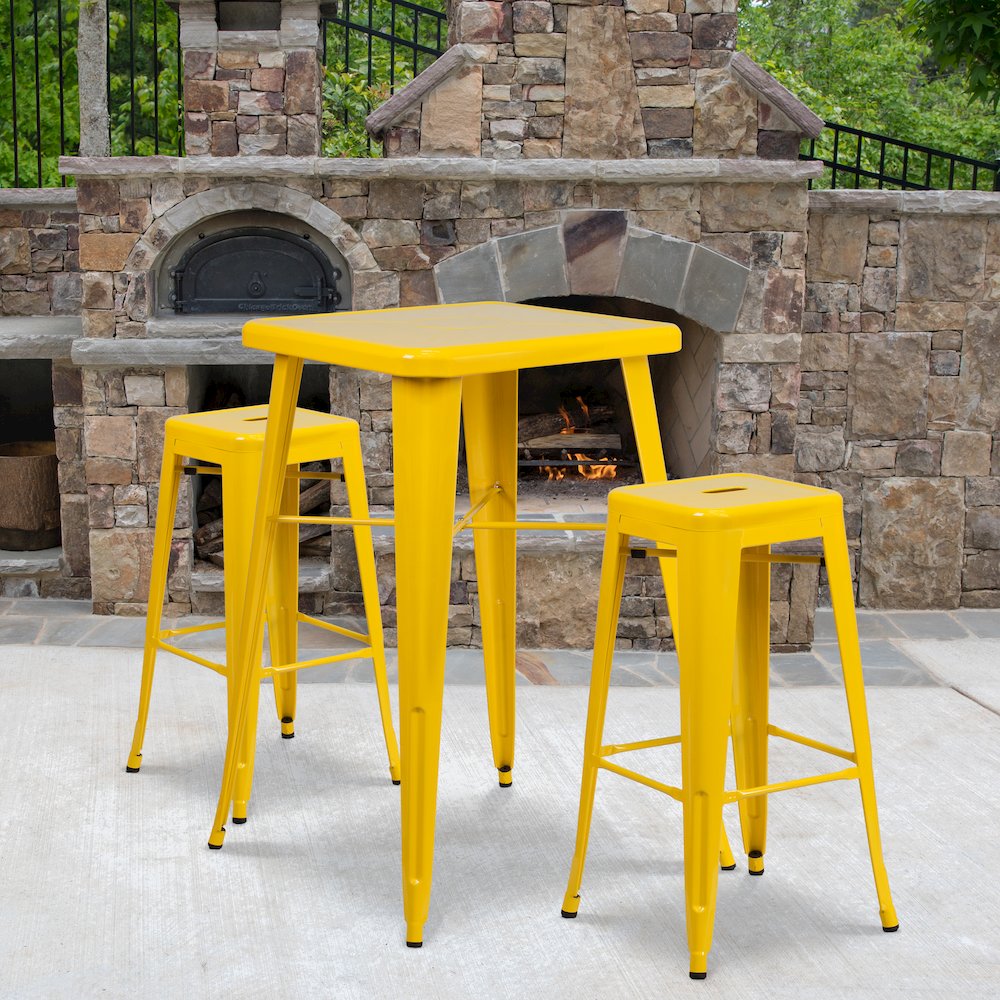 23.75" Yellow Metal Indoor-Outdoor Bar Table Set with 2 Seat Backless Stools