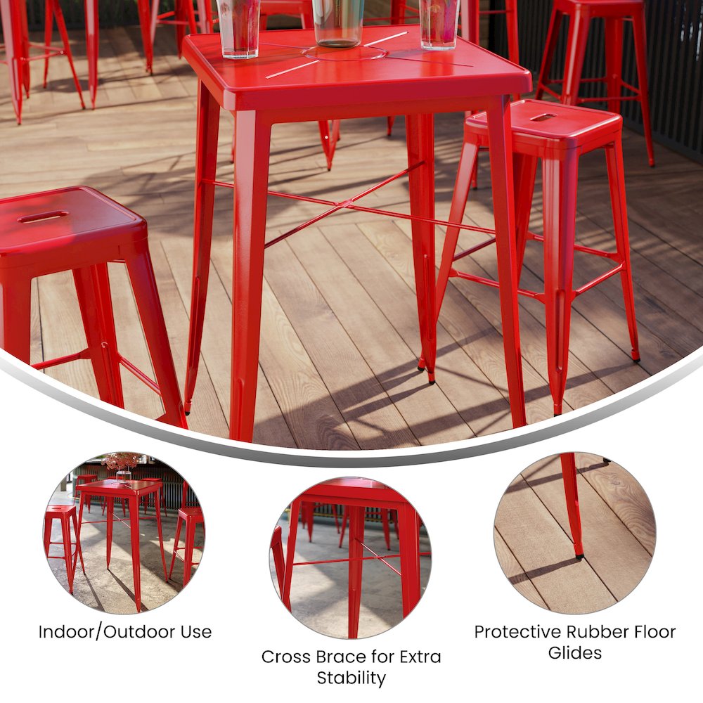 Commercial Grade 23.75" Square Red Metal Indoor-Outdoor Bar Height Table