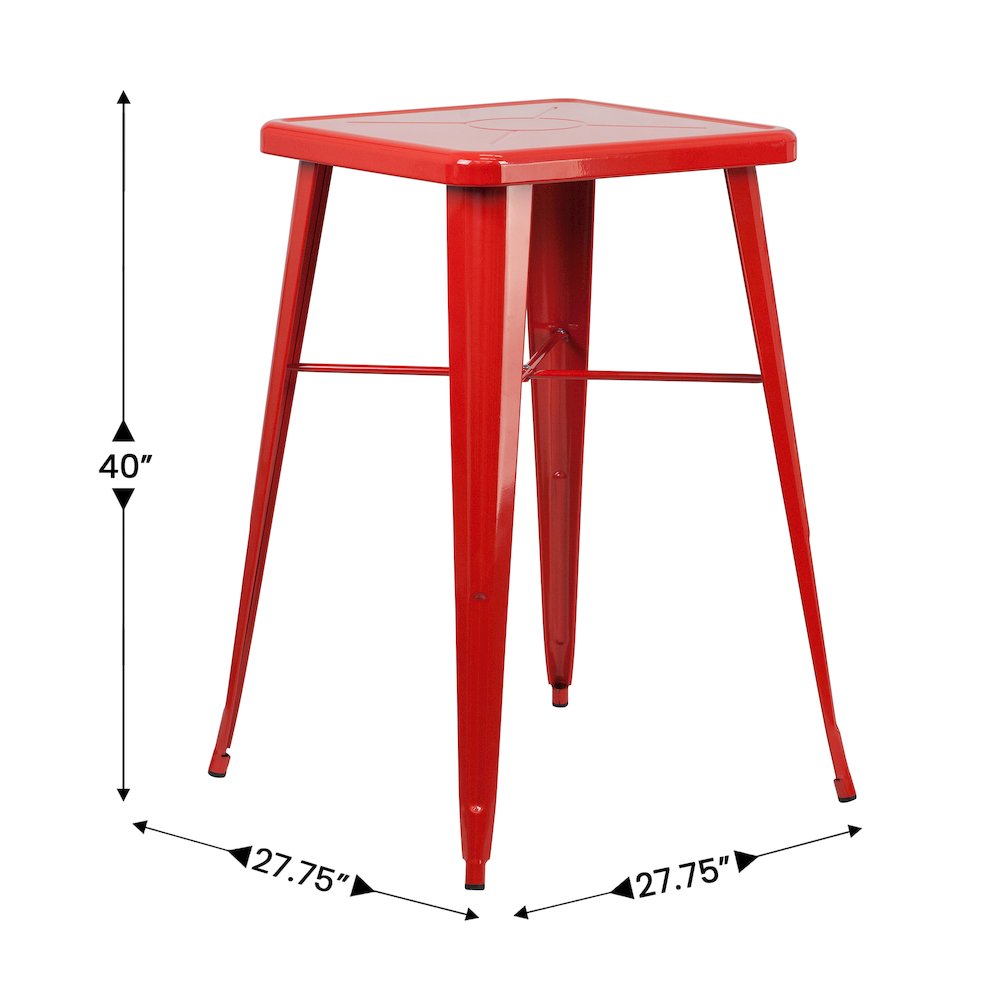Commercial Grade 23.75" Square Red Metal Indoor-Outdoor Bar Height Table