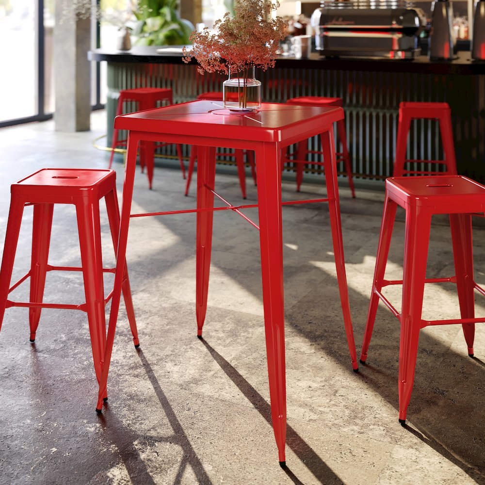 Commercial Grade 23.75" Square Red Metal Indoor-Outdoor Bar Height Table