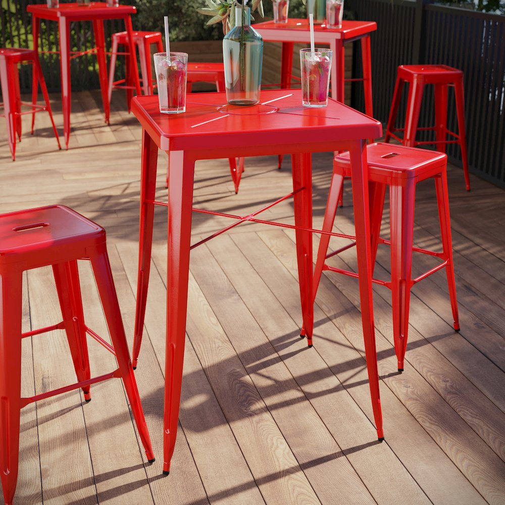 Commercial Grade 23.75" Square Red Metal Indoor-Outdoor Bar Height Table