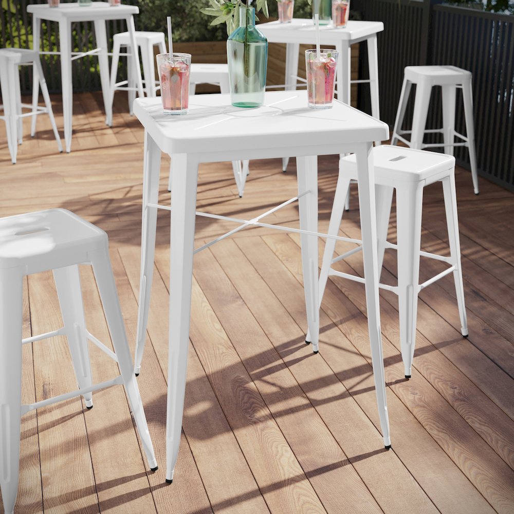 Commercial Grade 23.75" Square White Metal Indoor-Outdoor Bar Height Table