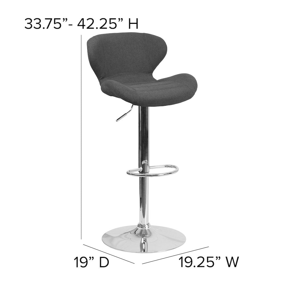 Contemporary Charcoal Fabric Adjustable Height Barstool with Curved Back and Chrome Base