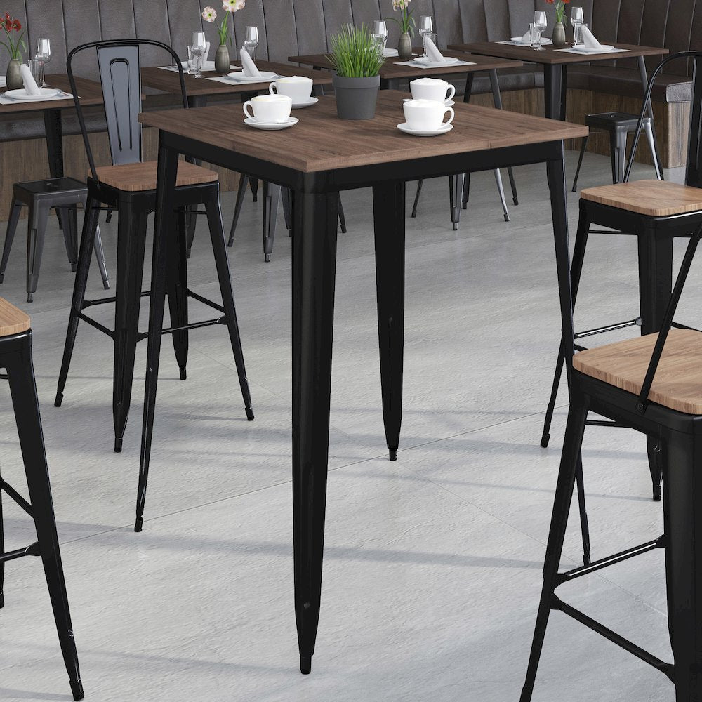 31.5" Square Black Metal Indoor Bar Height Table with Walnut Rustic Wood Top