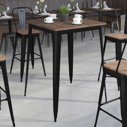31.5" Square Black Metal Indoor Bar Height Table with Walnut Rustic Wood Top